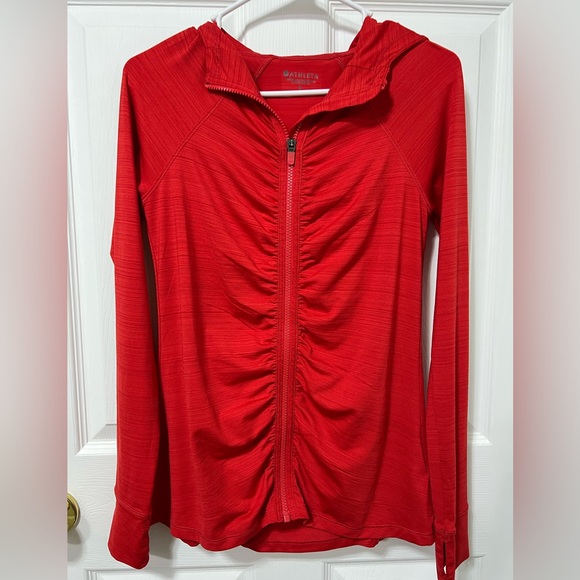 Athleta Red Ruched Front Active Hoodie with Thumb Holes size Small - Picture 1 of 6